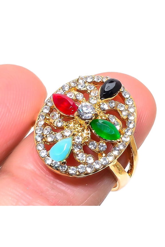 Emerald,Ruby(Simulated) Gemstone Handmade Jewelry Ring Size 8