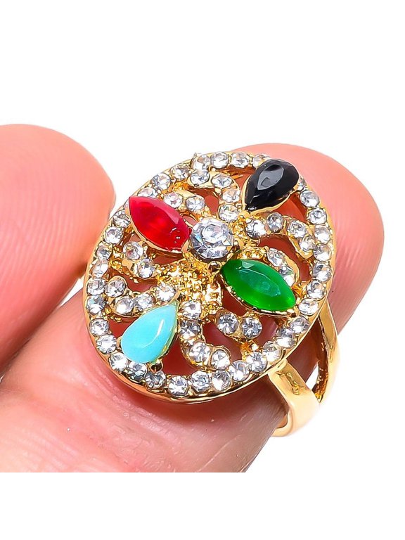 Emerald,Ruby(Simulated) Gemstone Handmade Jewelry Ring Size 8