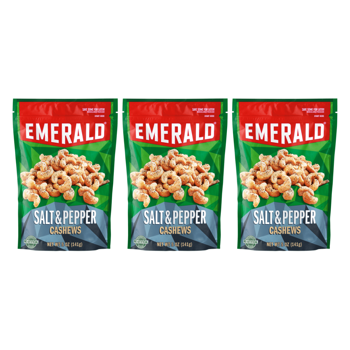 Emerald Salt & Pepper Cashews, 5 oz, Resealable Bag (Pack of 3)