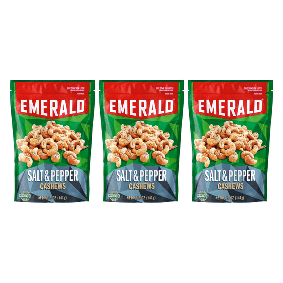 Emerald Salt & Pepper Cashews, 5 oz, Resealable Bag (Pack of 3)