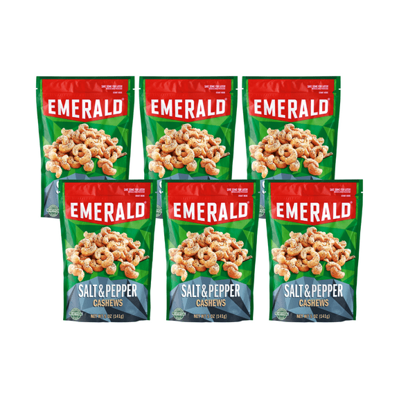 Emerald Salt & Pepper Cashews, 5 oz, Resealable Bag (Pack of 6)