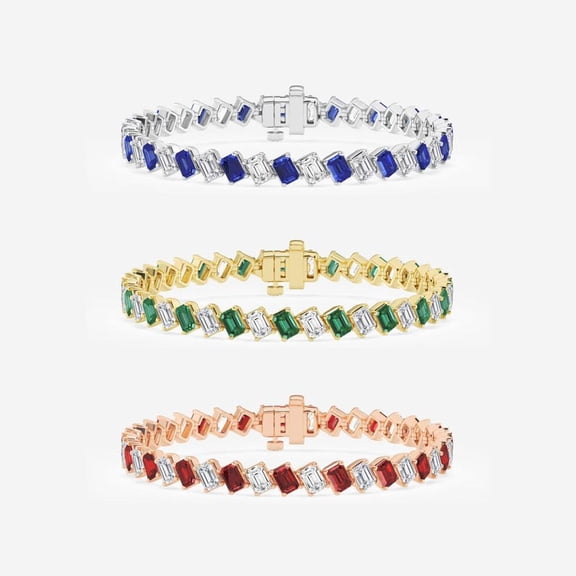 Emerald ,Sapphire and Ruby with CZ diamond Octagon Tennis Bracelet,14K Gold plated Emerald Bracelet Genuine Emerald Bracelet, Emerald Bracelet, Bracelet gift for her