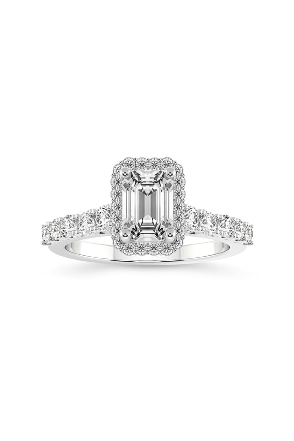 Emerald Shape 1 Carat IGI Certified Lab Grown Diamond Ring | 14K White Gold | Vionna Round Halo Lab Diamond Engagement Ring | FG-VS1-VS2 Quality Friendly Diamonds