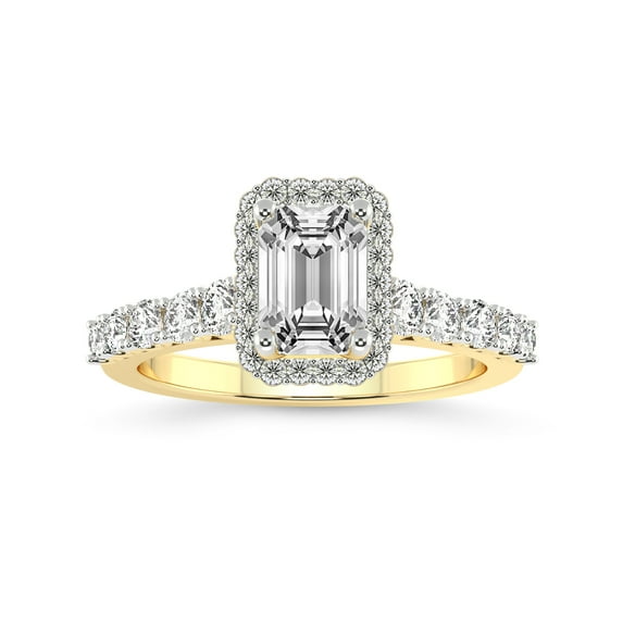 Emerald Shape 3 Carat IGI Certified Lab Grown Diamond Ring | 14K Yellow Gold | Vionna Round Halo Lab Diamond Engagement Ring | FG-VS1-VS2 Quality Friendly Diamonds