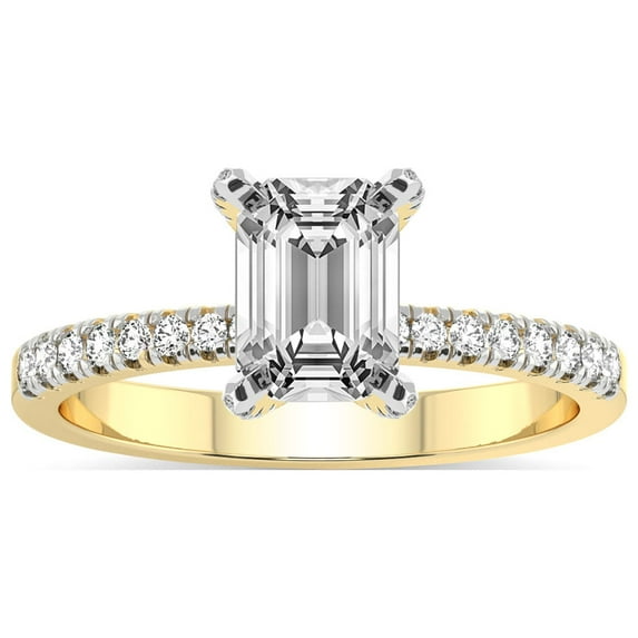 Emerald Shape 4 Carat IGI Certified Lab Grown Diamond Ring | 14K Yellow Gold | Sara Tapered Eternity Lab Diamond Engagement Ring | FG-VS1-VS2 Quality Friendly Diamonds