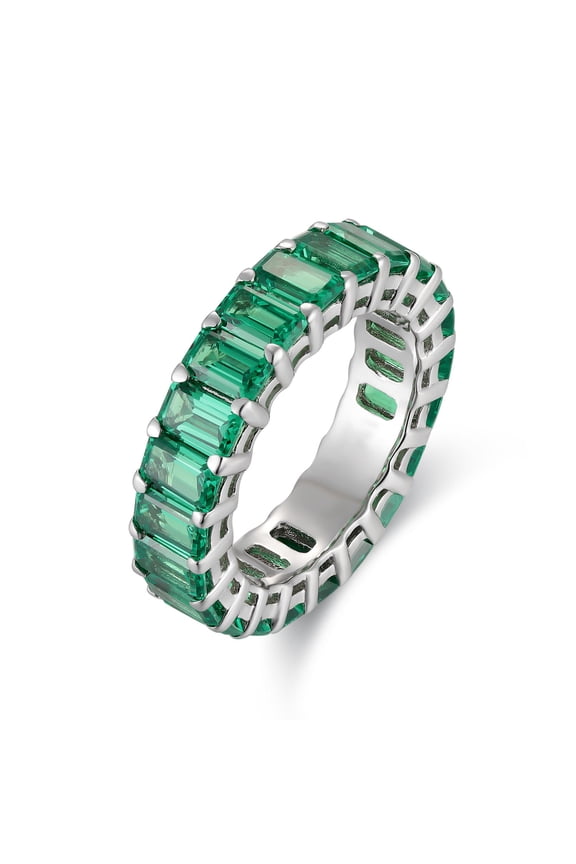 Emerald Shape Lab Created Emerald Full Eternity Wedding Band Ring for Women in 925 Sterling Silver – Green Gemstone Anniversary Ring, Engagement Jewelry & Christmas Gift for Her