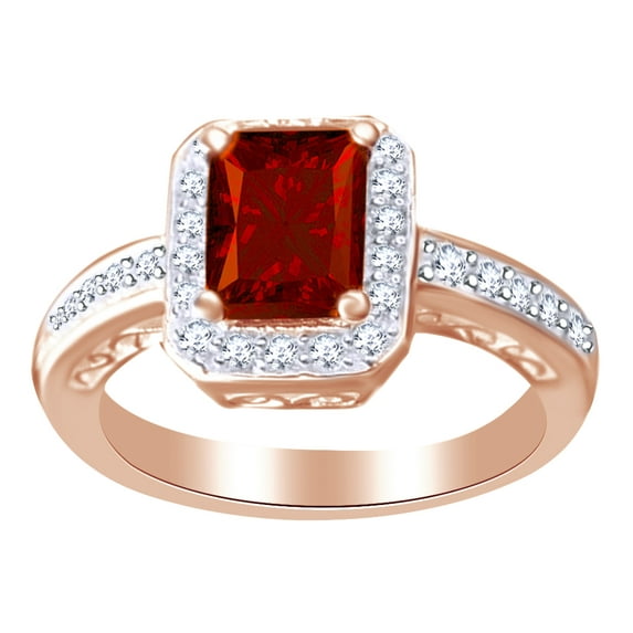 AFFY Emerald Shape Red Simulated Garnet & Round White Cubic Zirconia Engagement Ring in 14k Rose Gold Over Sterling Silver Ring Size - 13.5