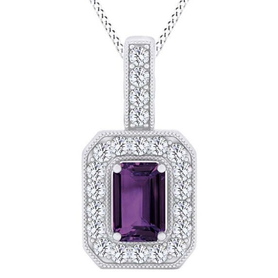 AFFY Emerald Shape Simulated Amethyst Halo Pendant Necklace In 14K White Gold Over Sterling Silver
