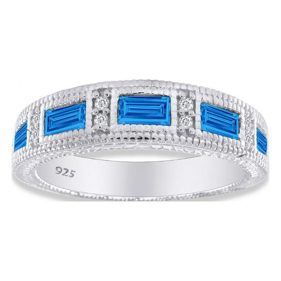 AFFY Emerald Shape Simulated Blue Topaz Eternity Band Ring In 14K White Gold Over Sterling Silver Ring Size-6.5