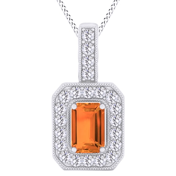 AFFY Emerald Shape Simulated Citrine Halo Pendant Necklace In 14K White Gold Over Sterling Silver