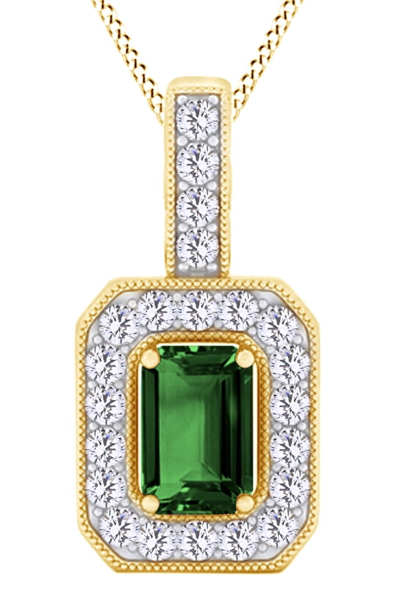 Emerald Shape Simulated Green Emerald Halo Pendant Necklace In 14K Yellow Gold Over Sterling Silver