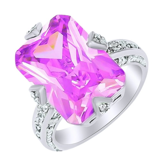 AFFY Emerald Shape pink & White Cubic Zirconia Solitaire Engagement Ring in 14k White Gold Over Sterling Silver Ring Size - 6.5