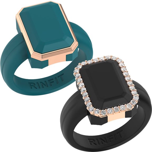 Emerald Silicone Rings with Metal Frame & CZ Stones - 2 Rings Set