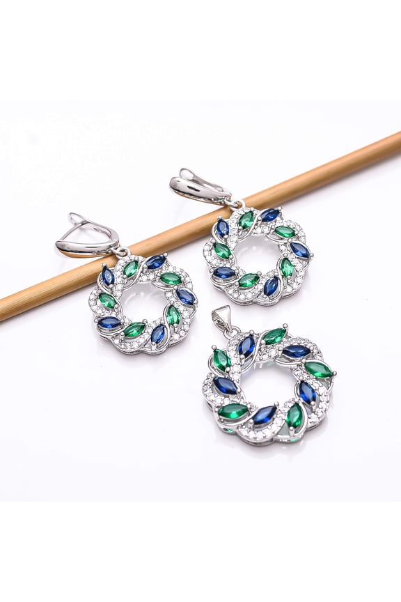 Emerald - Simulated 925 Silver Platinum Plated Pendant Earring Set PS8282, Emerald Pendant Earring Set, Gift For Her, Marquish Pendant Earring Set, Gr