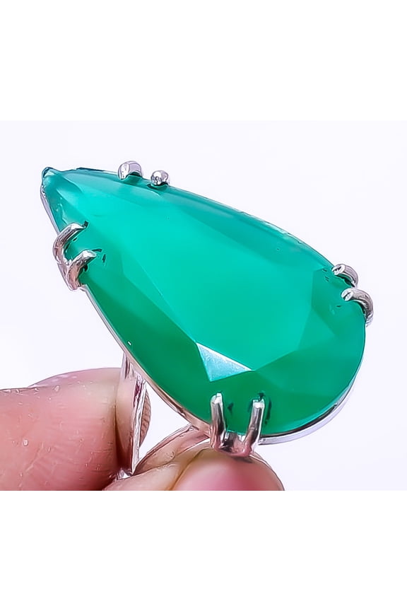 Emerald (Simulated) 925 Sterling Silver Handmade Solitaire Ring 11 R7919-420