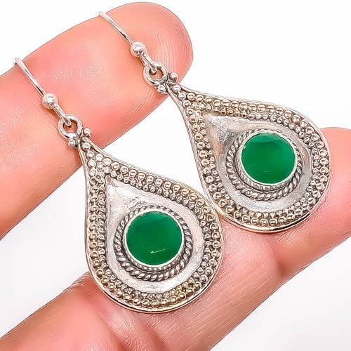 Emerald (Simulated) 925 Sterling Silver Israeli Jewelry Earring 1.72" S1951