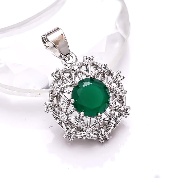 Emerald - Simulated, CZ 925 Silver Platinum Plated Pendant 1.00" P78634, Emerald Pendant, Gift For Her, Round Pendant, Green Pendant
