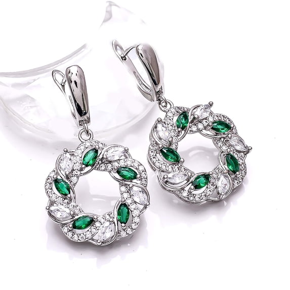 Emerald - Simulated, Cubic Zirconia 925 Sterling Silver Platinum Plated Earring 1.50" E58, Emerald Earring, Gift For Her, Marquish Earring, Green Earr