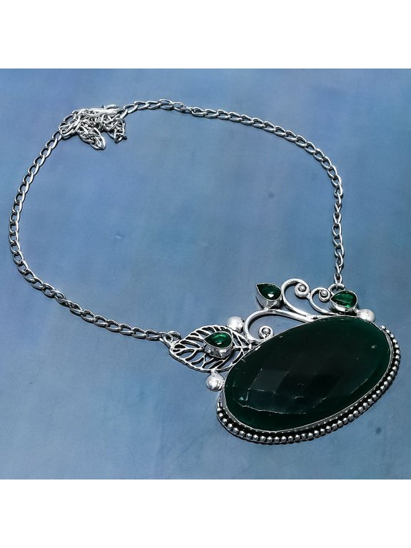 Emerald(Simulated), Diopside Gemstone 925 Sterling Silver Necklace 18"