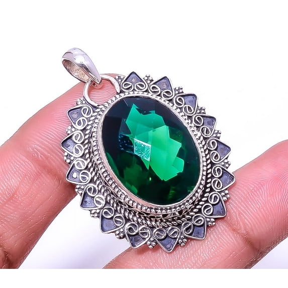 Emerald - Simulated Fine Art 925 Sterling Silver Pendant 1.76" P_9395_205_92