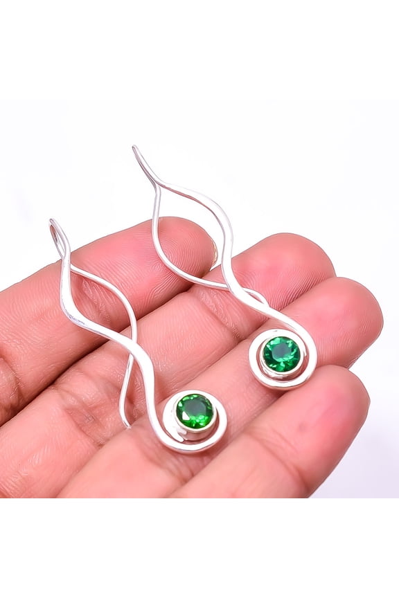 Emerald (Simulated) Gemstone 925 Sterling Silver Handmade Earring 1.87" E40, Handmade Jewelry, Dangle Earring