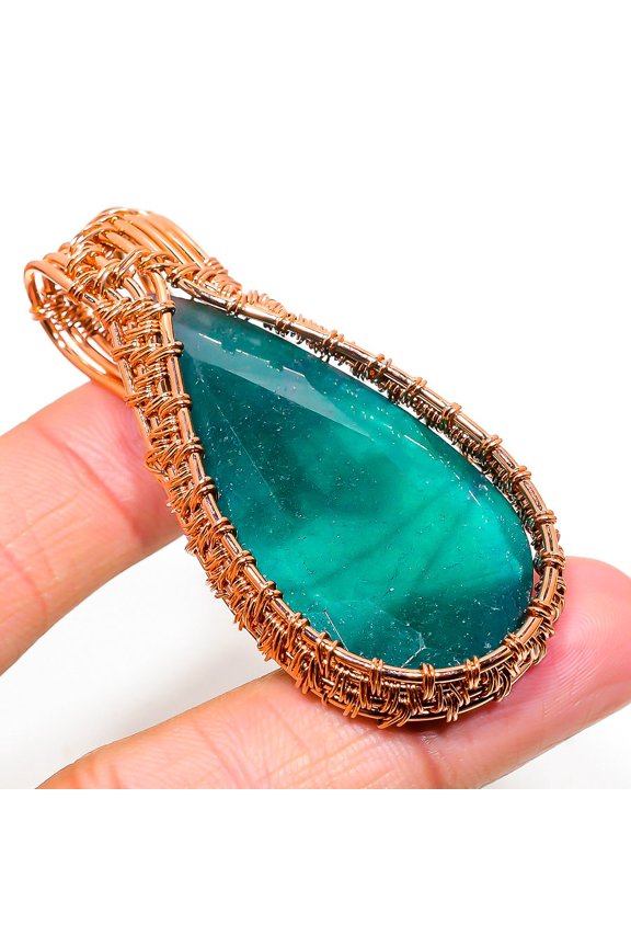 Emerald(Simulated) Gemstone Copper Wire Wrap Pendant 2.56"