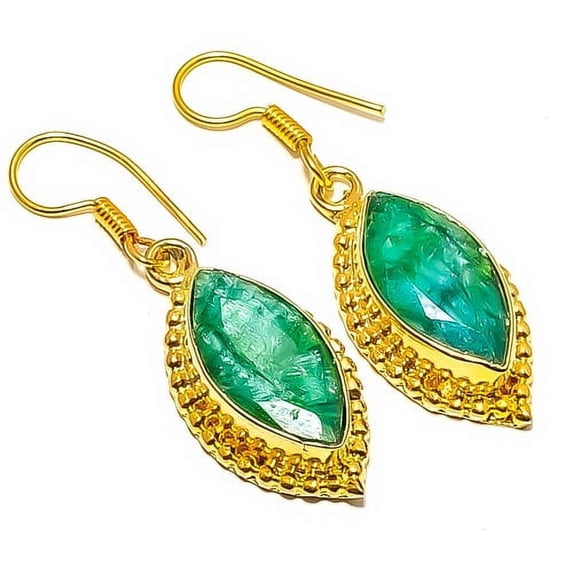 Emerald (Simulated) Silver 18k Yellow Gold Plated Earring 1.76" E7624-659, Gemstone Silver Jewelry, New Year Sale, Valentin's Day Gift