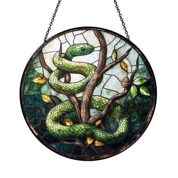 Emerald Snake Window Hanging Stained Glass Style Suncatcher, Serpent on Tree Branch Window Panel Art Decor, Woodland Window Decoration Gift