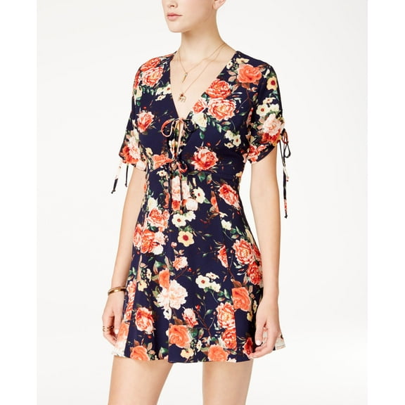 Emerald Sundae Juniors Printed Keyhole Back Dress Navy Mulit XS