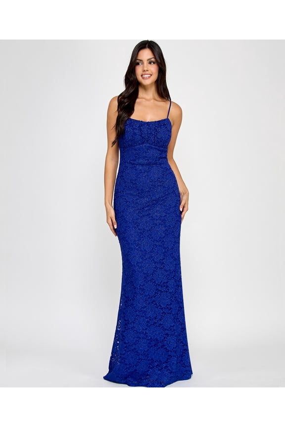 ROYAL BLUE Juniors' Glitter Lace Empire-Waist Gown, US Small