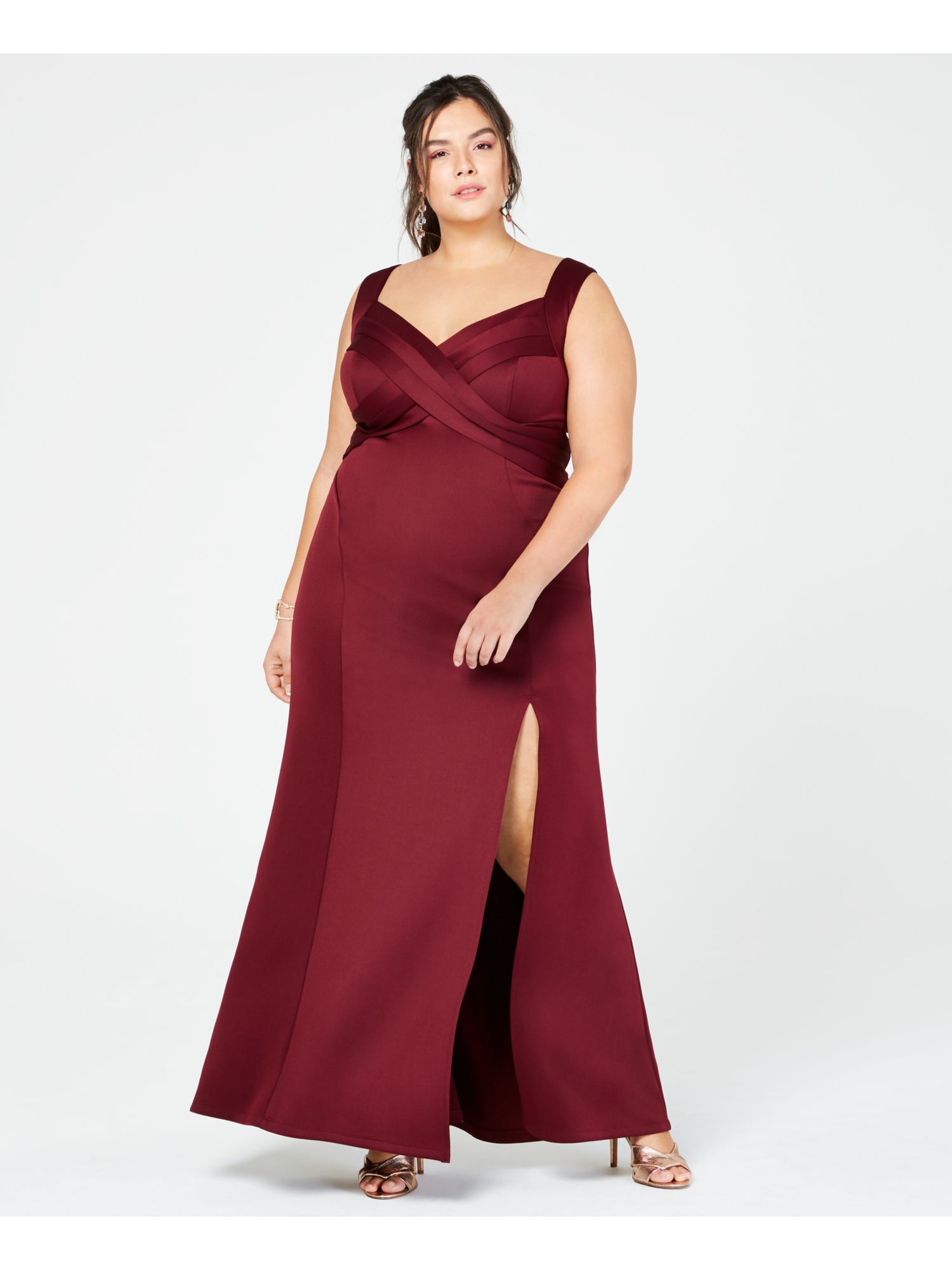 emerald sundae dress red Emerald Sundae Juniors' Metallic-threaded High-slit Gown In Red
