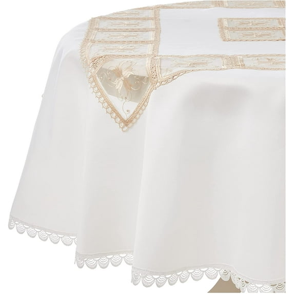 Emerald Tablecloths With Cutwork And Embroidered Roses Design 70" Round - In Ivory