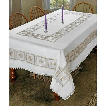 Emerald Tablecloths With Cutwork And Embroidered Roses Design 70" X 105" - In Ivory