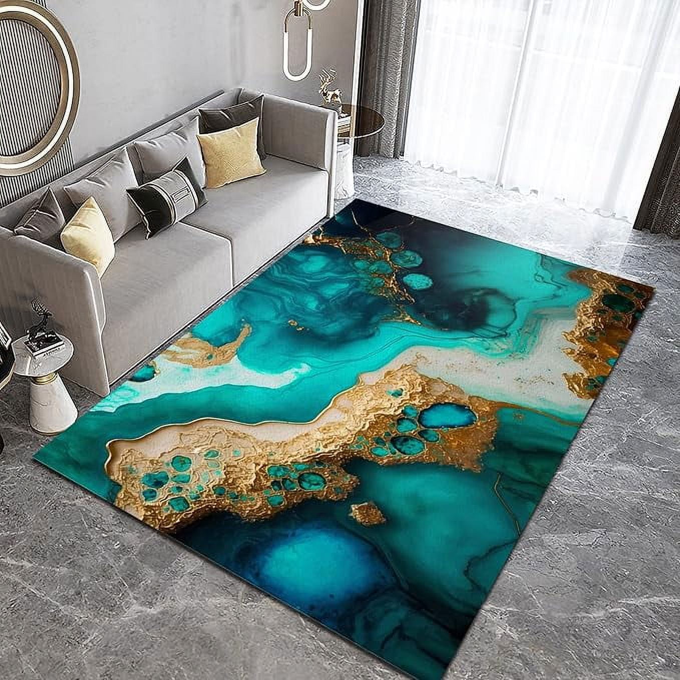 Oil Rug Emerald Turquoise Marble Area Rug, Golden Relief Oil Painting Irregular ...