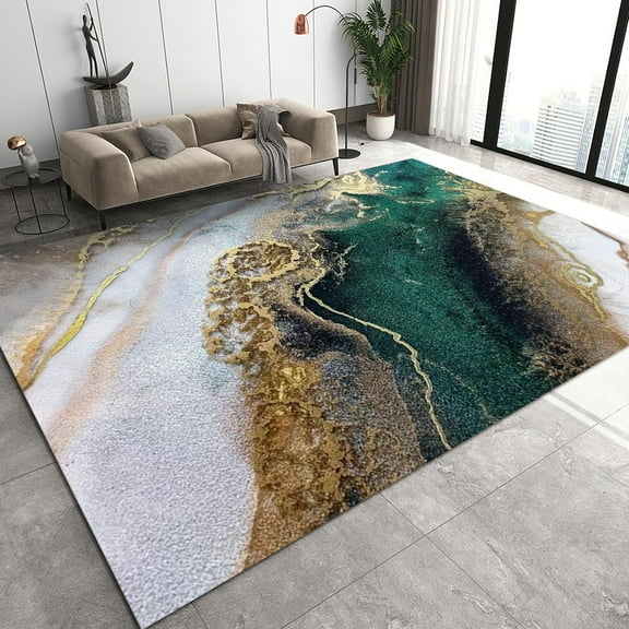 Emerald Turquoise Marble Area Rugs, 3D Gold Plated Green Relief Pattern Apartment Carpet, Washable Rug Bright Color Light Texture Low Pile Apply to Bedroom Area Entryway Hallway,2ft x 3ft
