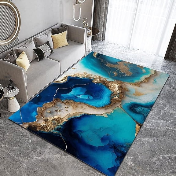 Emerald Turquoise Marble Area Rugs, Gold-Plated Embossed European Style Bedroom Area Carpet, Carpet Mat Non-Skid Durable Enough Apply To Farmhouse Bedroom Area 5 x 7ft