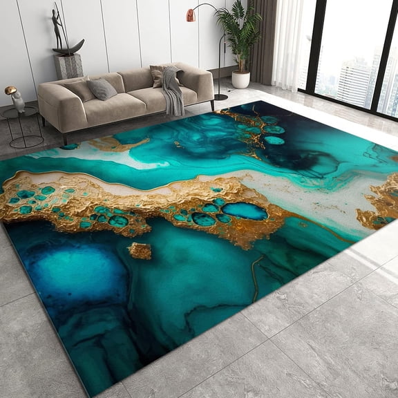 Emerald Turquoise Marble Area Rugs, Golden Relief Oil Painting Irregular Tiles Living Room Rugs, Washable Rug Durable Enough Soft Texture Apply to Dining Room Office Family and Pet,3ft x 4ft