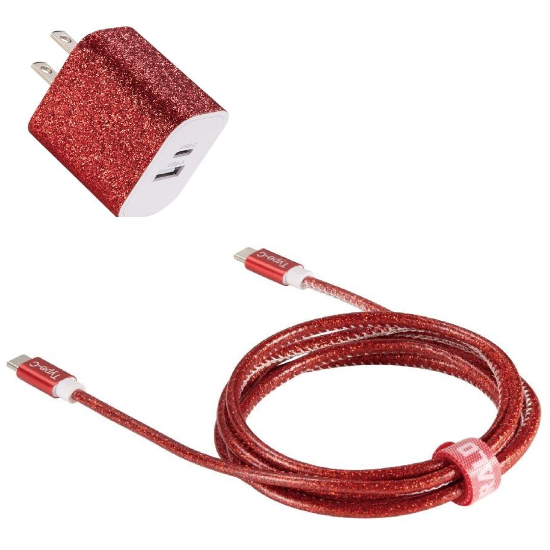 Emerald USB C Charging Cable with 2 Port Wall Adapter, USB C to USB C Cable, Type C Charger, Red, 6’