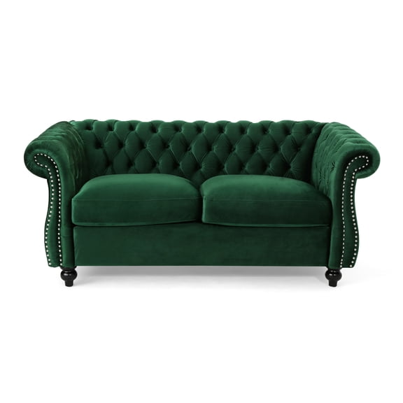 Emerald Velvet Chesterfield Loveseat Sofa - 61.75" W, 2-Seater, Classic Button Tufted Design with Nailhead Accents for Living Room, Study, Bedroom