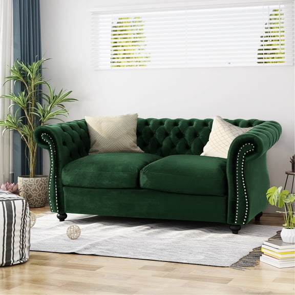 Emerald Velvet Loveseat with Traditional Chesterfield Elements / Make a Statement in Your Home
