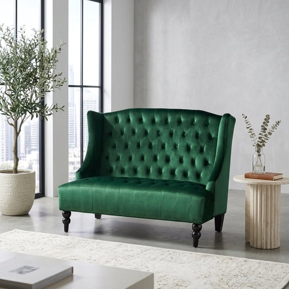 Emerald Velvet Wingback Loveseat with Diamond Tufting and Turned Legs
