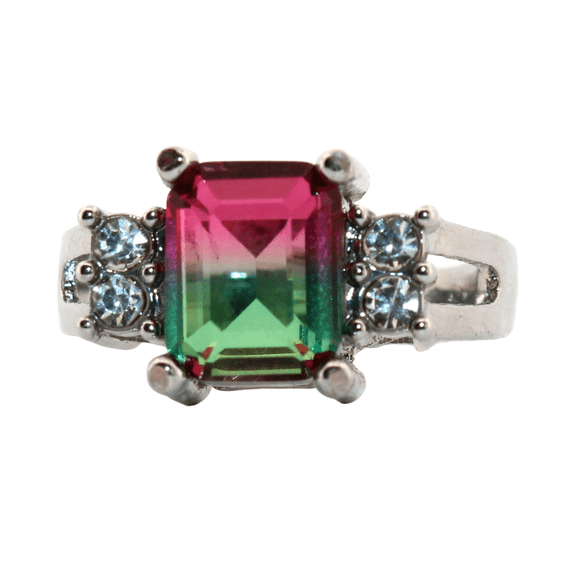 Emerald Watermelon Tourmaline & Topaz Silver Ring, Size 8 117