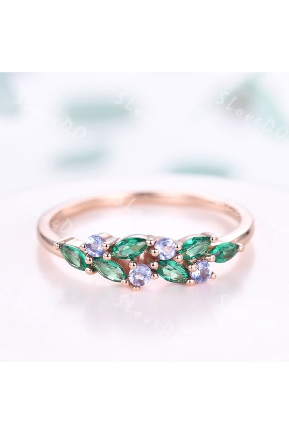 Emerald Wedding Band Ring,Blue Tanzanite Silver Gold Cluster Matching Band,Birthstone Ring,Promise Gift