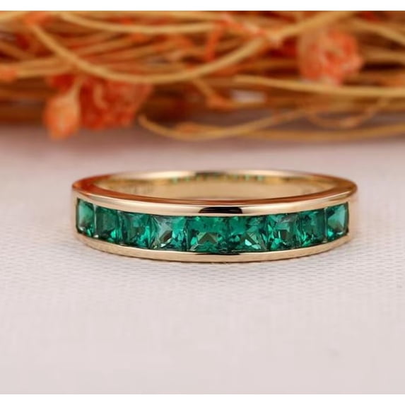 Emerald Wedding Band Ring Half Eternity Matching Stacking Promise Ring 925 Sterling Silver Yellow Gold Plated Gemstone Jewelry For Women Gift