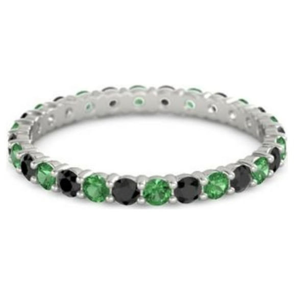 Emerald With Black Spinel Round 2.50 MM Eternity 925 Sterling Silver Women Wedding Ring