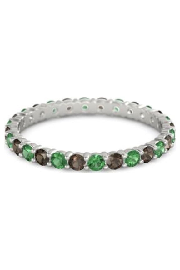 Emerald With Smoky Quartz Round 2.50 MM Eternity 925 Sterling Silver Women Wedding Ring