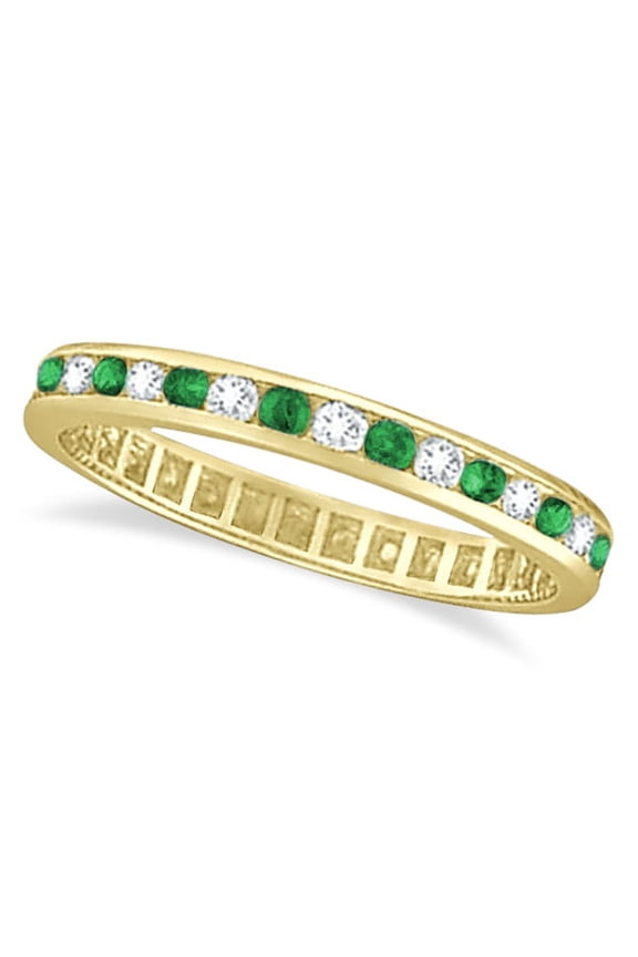 Emerald and Diamond Channel Set Eternity Ring Band 14k Yellow G. (1.04ct)
