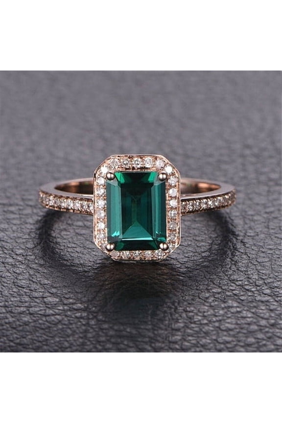 Emerald and Diamond Ring with 14k Gold, Emerald Engagement Ring, Halo Rectangular Setting, Dainty Solid Gold Ring, Dainty Gold Band Gift