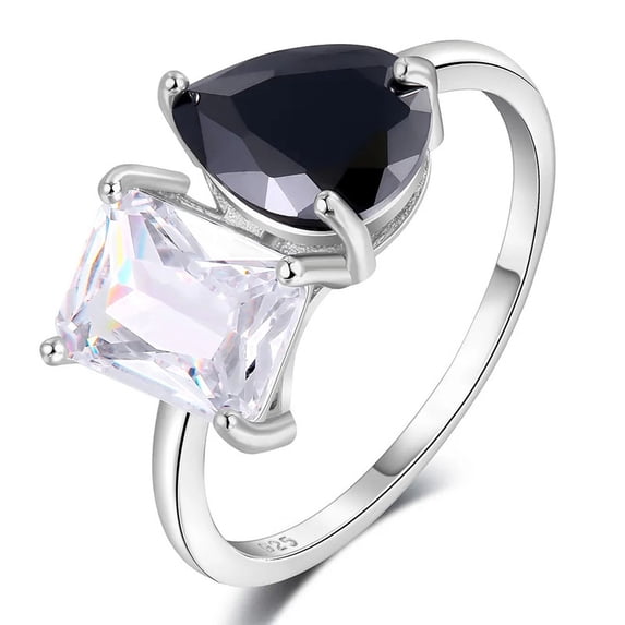 Emerald and Pear-Cut Lab-Created Black Onyx and Moissanite Toi Et Moi Engagement Ring in 925 Sterling Silver – Bold and Elegant Dual-Stone Design