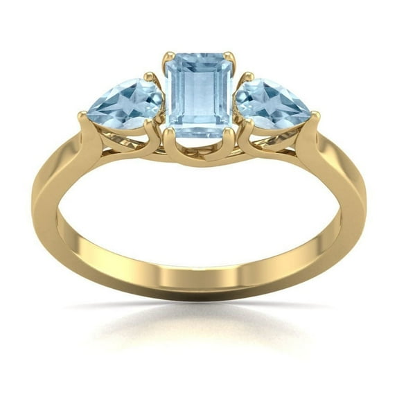 Emerald and Pear Cut Natural Aquamarine Gemstone Ring in 14K Yellow Gold (Size: 6)